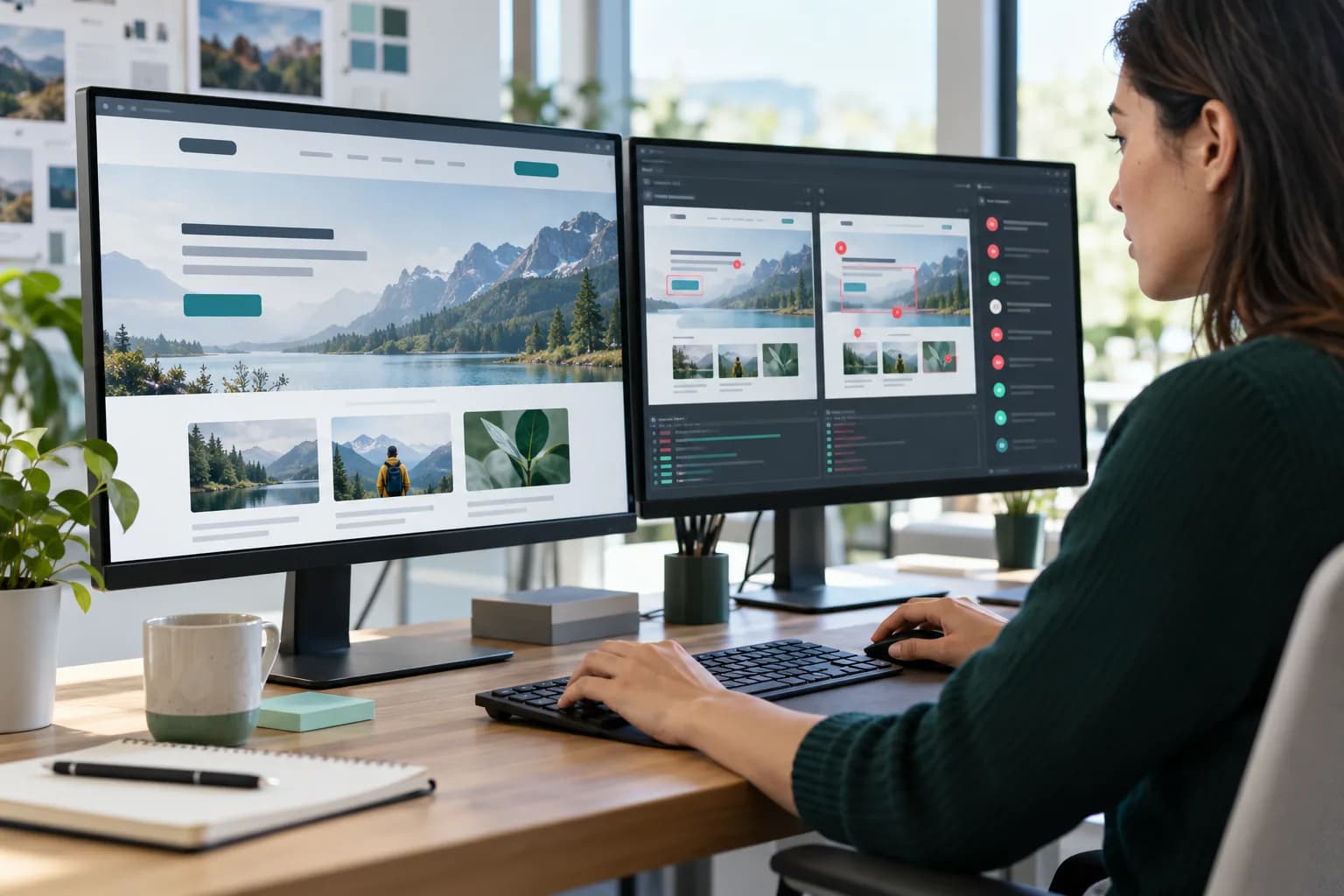 A developer reviewing website testing results and visual bug markers on a monitor.