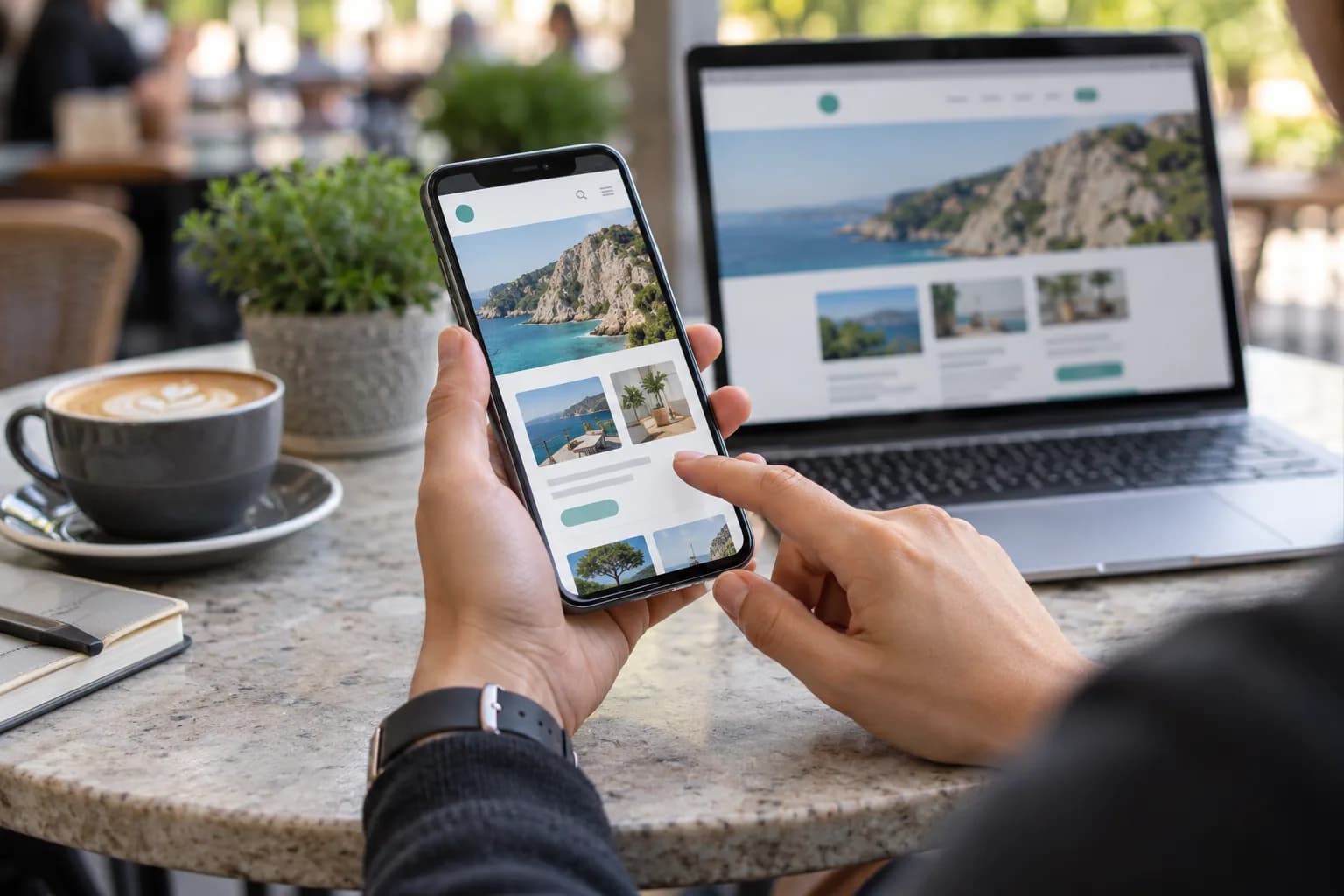 Comparing responsive web pages on smartphone, tablet, and laptop screens.
